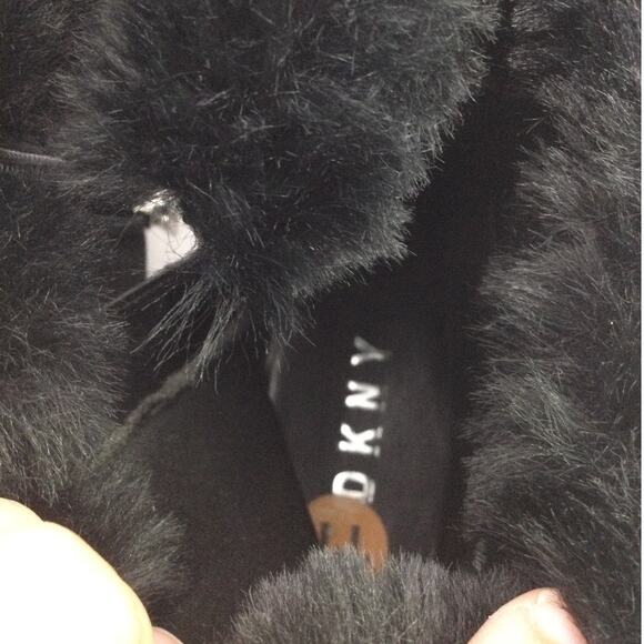 DKNY Faux Fur Trim Textile Upper Almond Toe Side Zip Black Wedge Ankle Bootie 11 - Picture 10 of 13